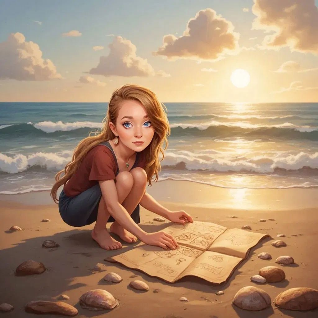 Claudia kneeling on the shore, examining an old map with strange symbols in the sand