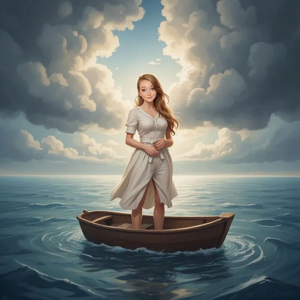 Dark clouds above a small boat, with waves gently bouncing it, and Claudia smiling bravely