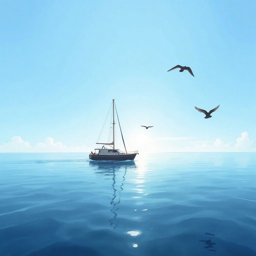 A calm sea with a light breeze, birds flying overhead, and the boat sailing smoothly