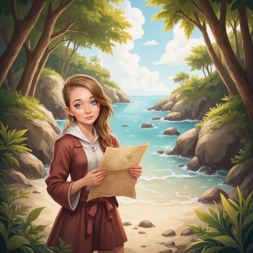 A hidden island with quiet coves and whispering trees, Claudia holding the mysterious map