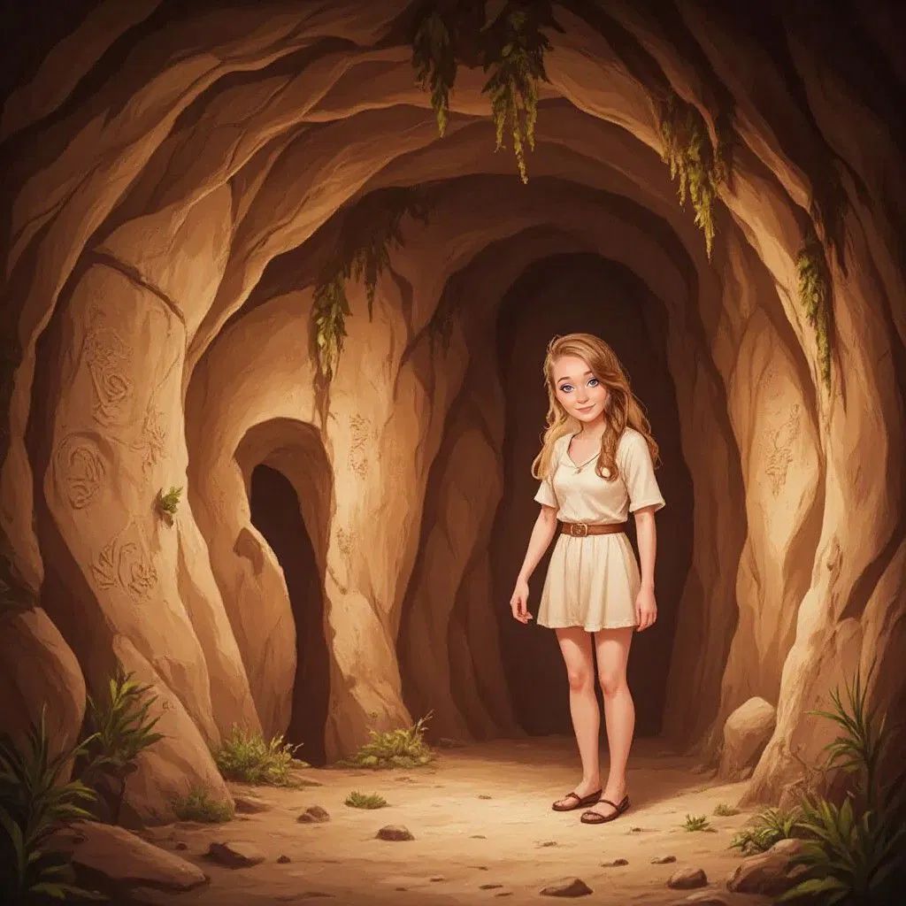 Inside a cave with ancient wall markings, Claudia looking around with fascination