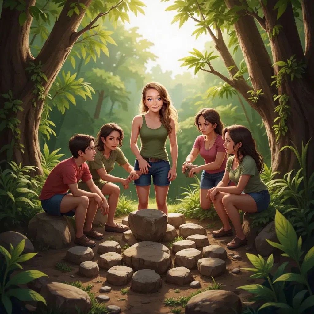 Rocks arranged like a puzzle in the jungle, Claudia and friends working together