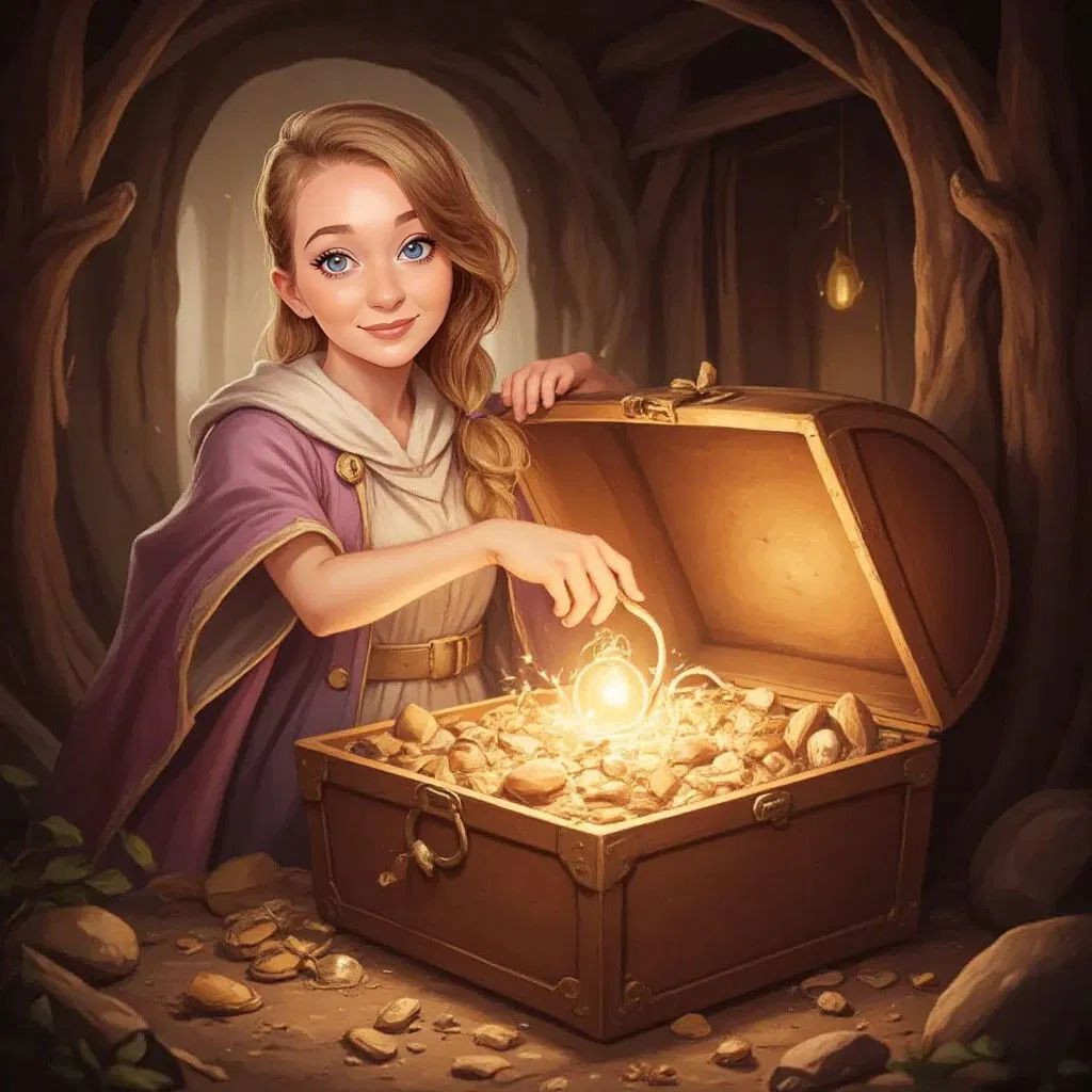 Claudia using a special key to open the chest, revealing a sparkling treasure inside