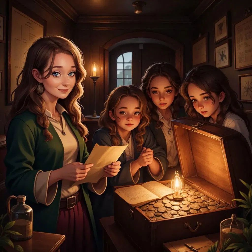 Ancient coins and scrolls inside the chest, Claudia and friends reading pirate legends