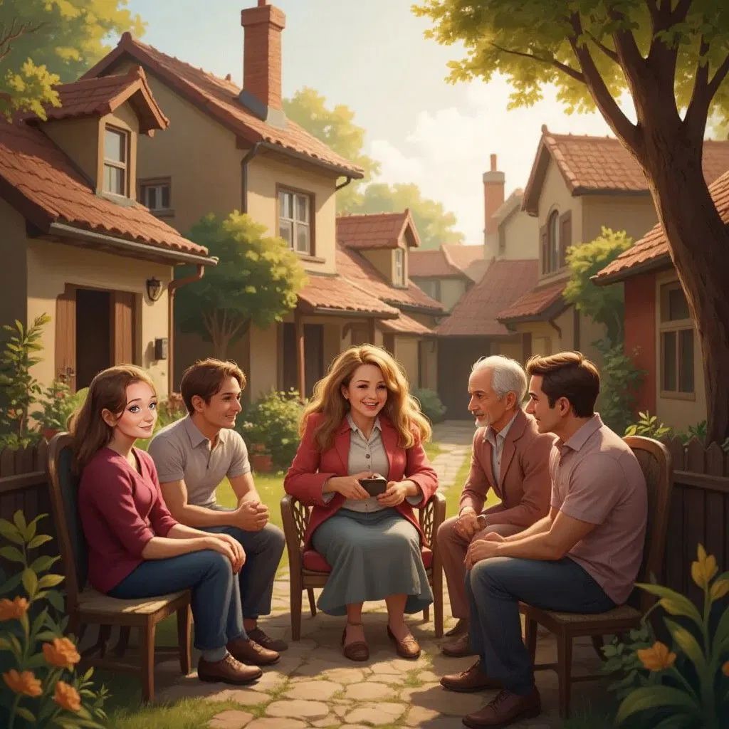 A cozy town with morning sun, Claudia sharing the adventure story with family and friends