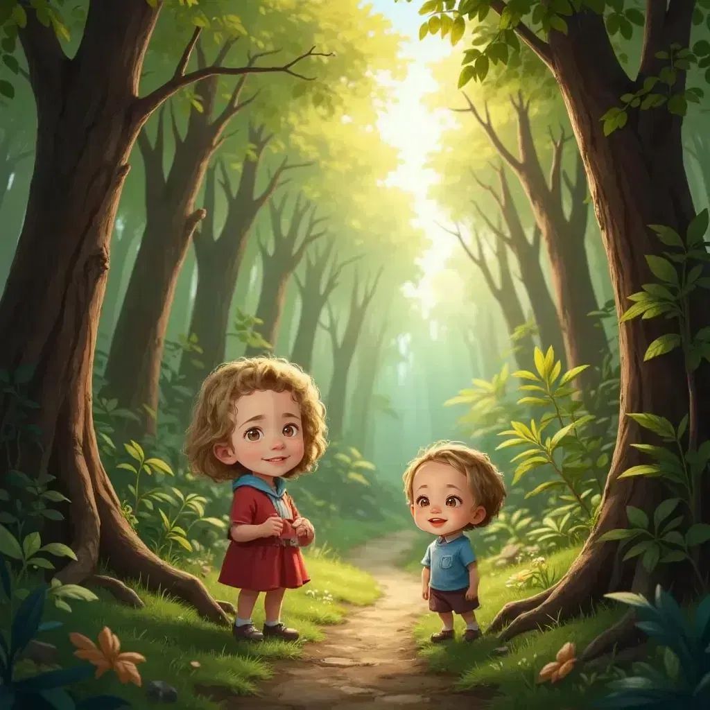 Lia, a 4yo girl, with a curious expression, and Lux, a 2yo boy, standing at the edge of a dense forest. Sunlight filtering through the trees.