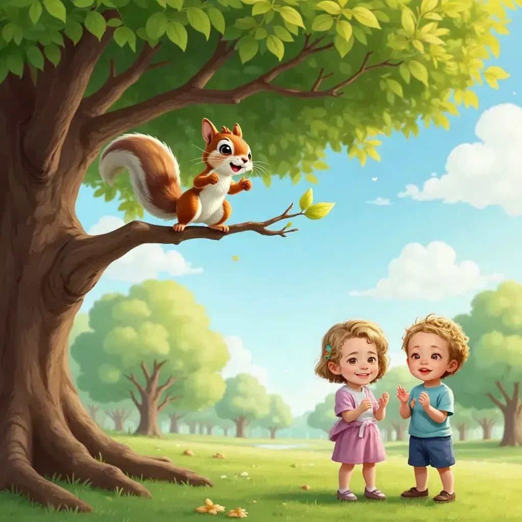 A cheerful talking squirrel named Sprout on a branch, with Lia and Lux clapping their hands in excitement.
