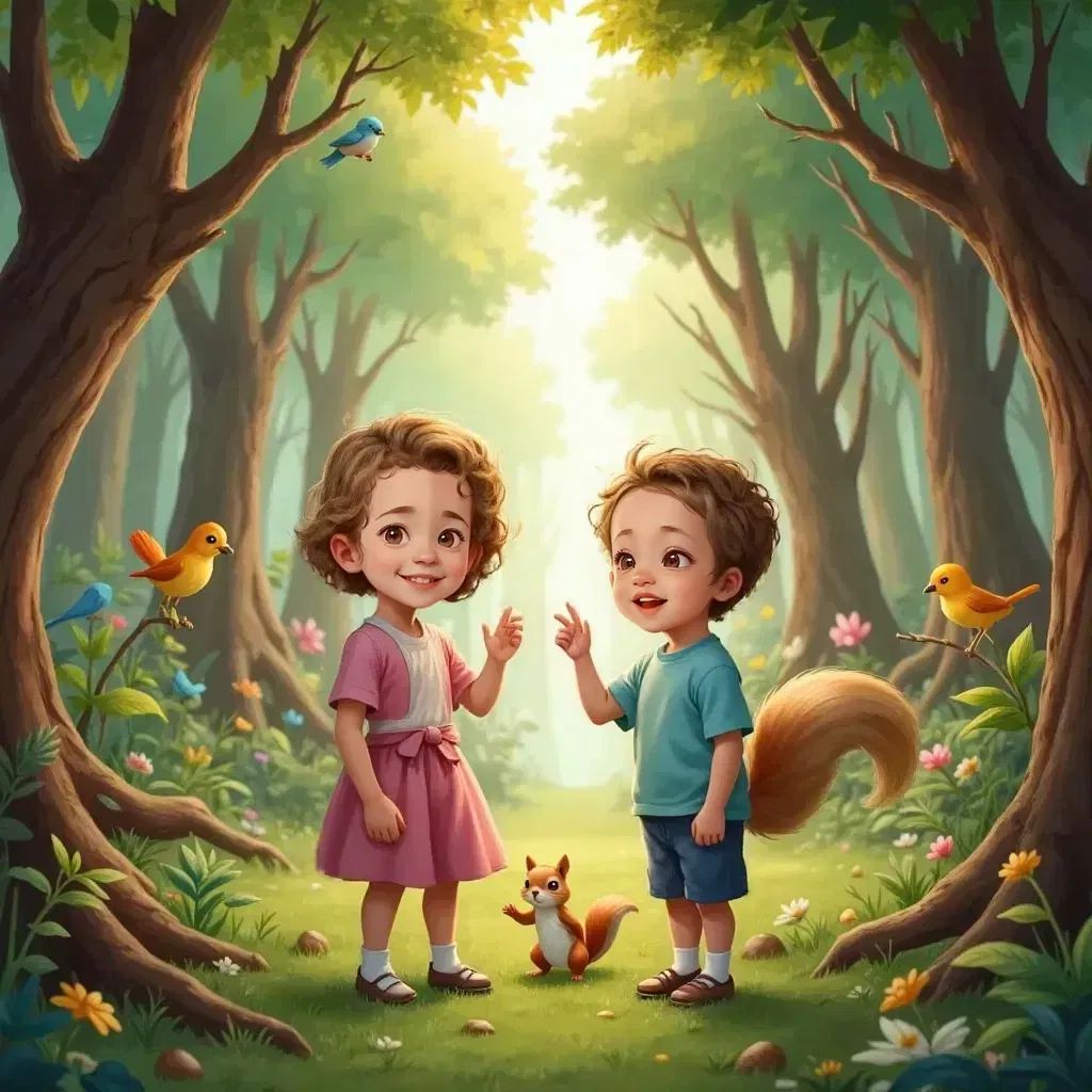 Lia and Lux standing in a forest filled with tall trees and colorful singing birds. Lux pointing at a fluffy squirrel on a branch.