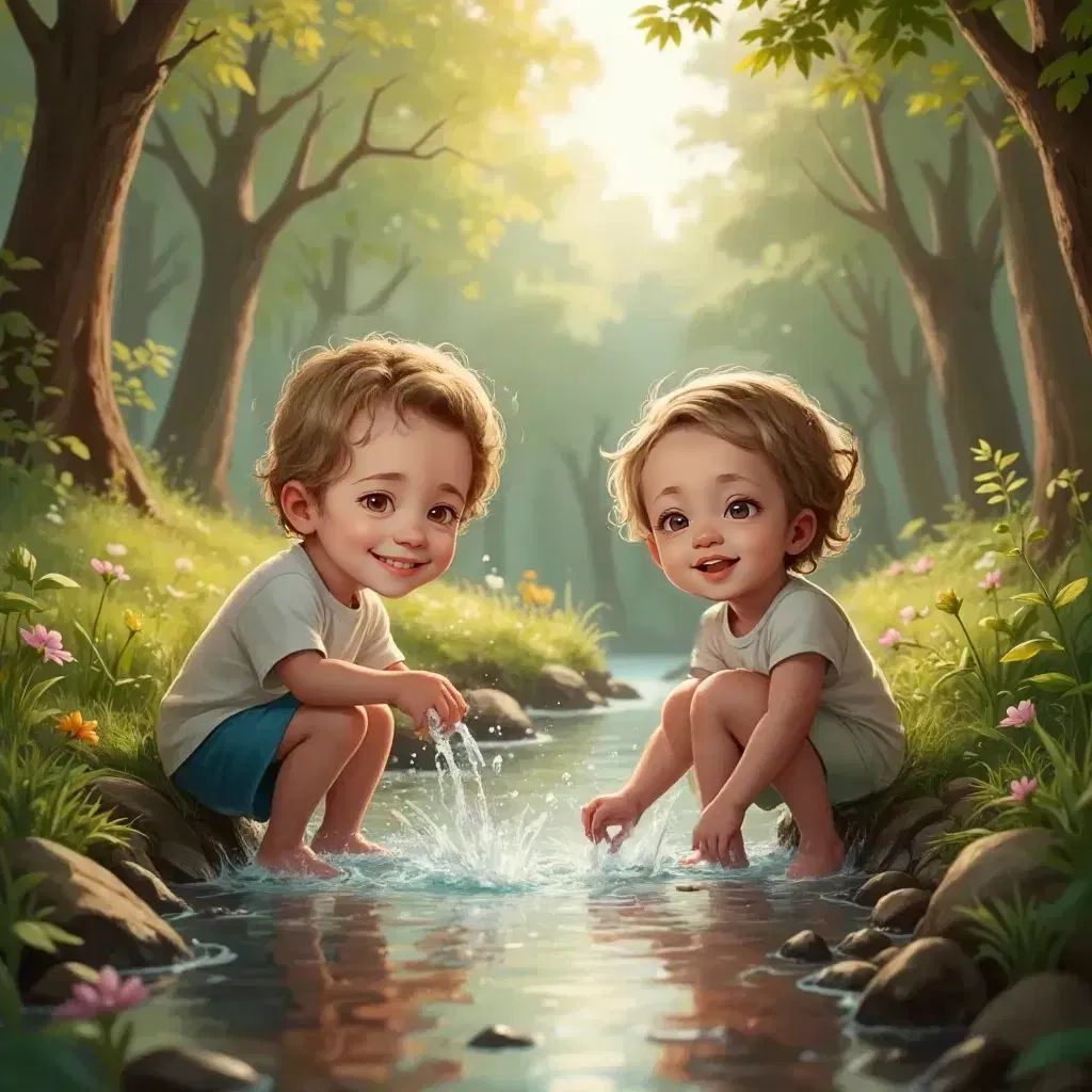Lia and Lux by a sparkling Magical Stream, with Lux splashing water and Lia dipping her fingers in the stream.