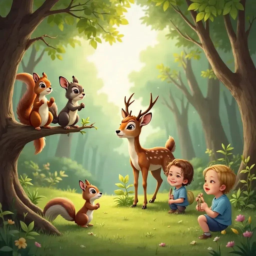 Sprout the squirrel with Wise Owl on a branch, Bambi the deer, and Chatty Chipmunk, with Lia and Lux looking amazed.