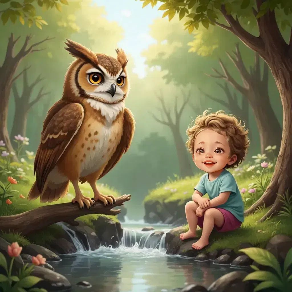 Wise Owl perched on a branch near the stream, hooting about kindness, with Lia listening intently and Lux giggling.