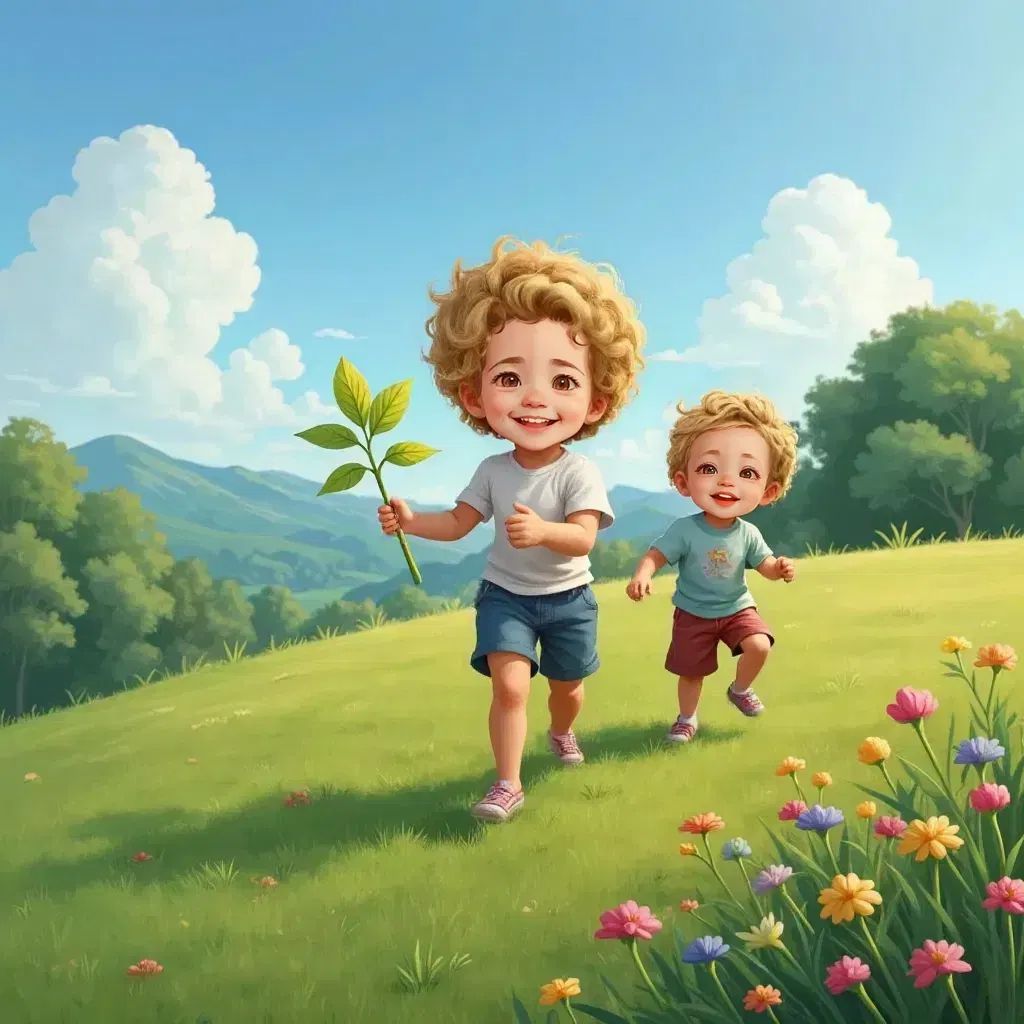 Lia and Lux climbing Whispering Hill with Sprout leading, surrounded by blooming flowers.