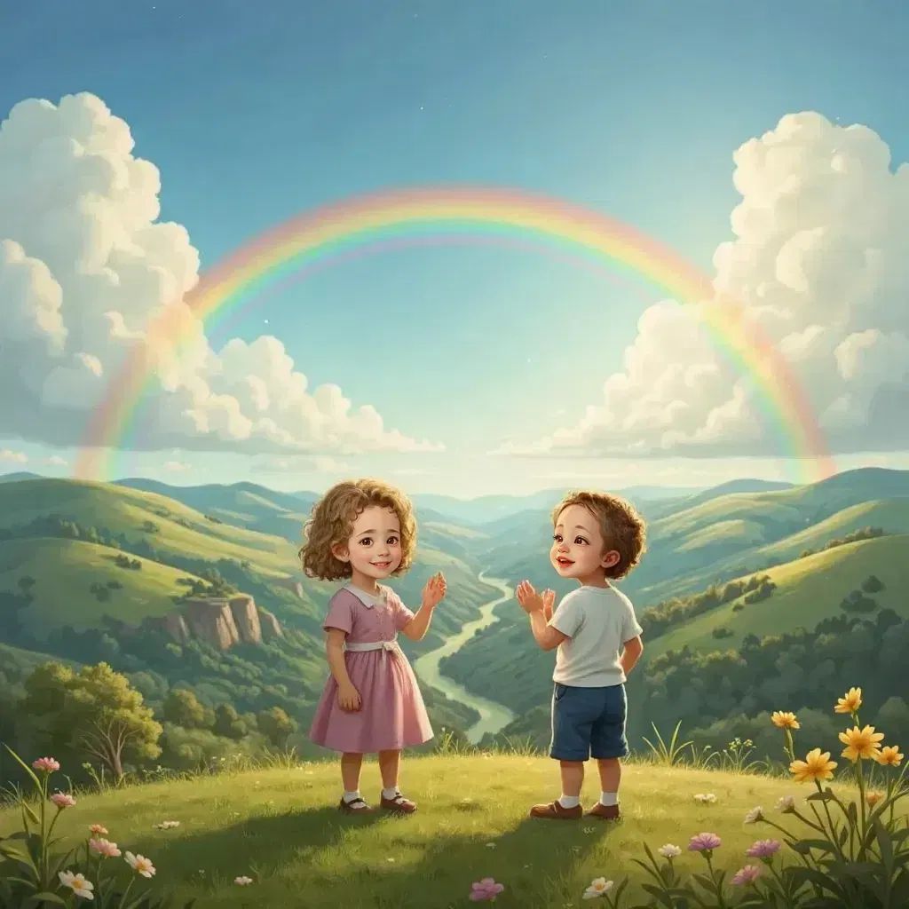 Lia and Lux at the top of Whispering Hill, looking at a rainbow across the sky, with Lux clapping in wonder.