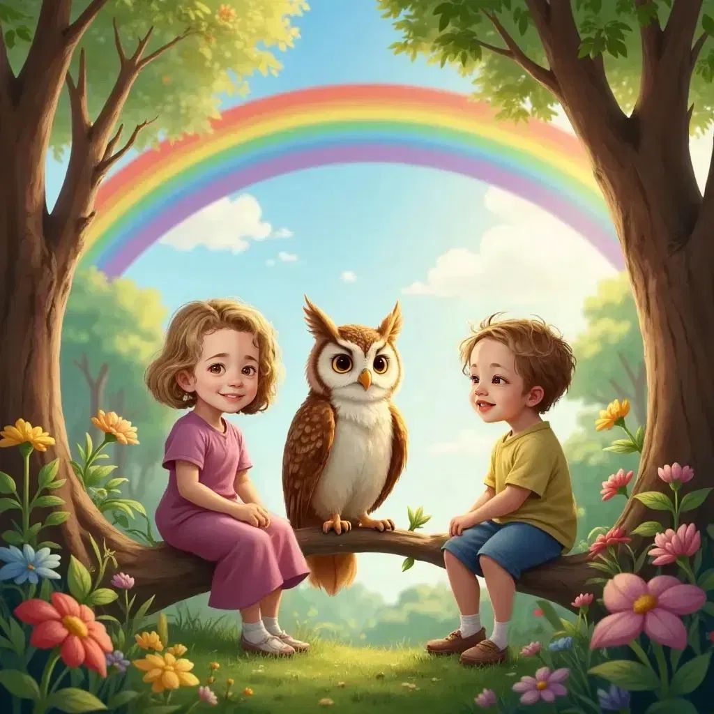 Wise Owl explaining the secrets of the rainbow to Lia and Lux, with a colorful rainbow in the background.