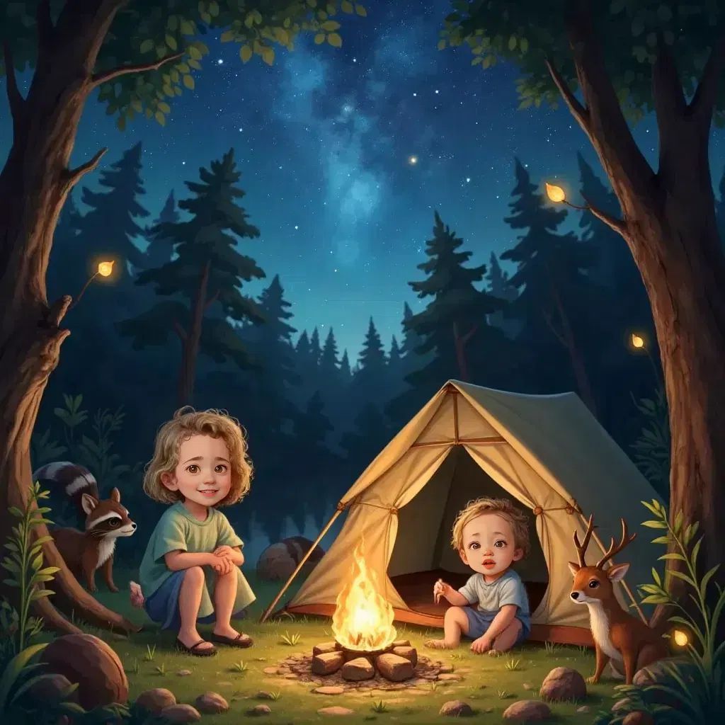Lia and Lux camping with animals under a starry sky, surrounded by twinkling fireflies.