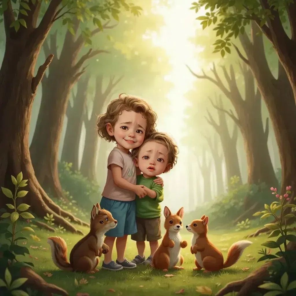 Lia and Lux hugging Sprout and other animal friends goodbye at dawn, with soft morning light illuminating the forest.