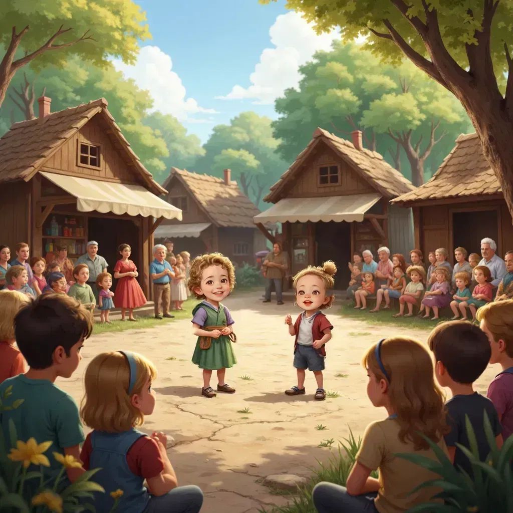 Lia and Lux animatedly sharing their adventure with villagers, with a backdrop of the village and hints of the forest.