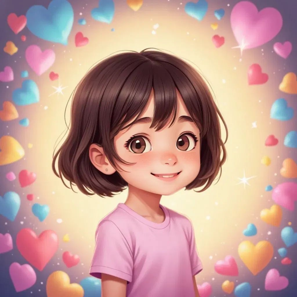 Ana smiling and thinking, surrounded by colorful hearts and stars, representing her special feelings.