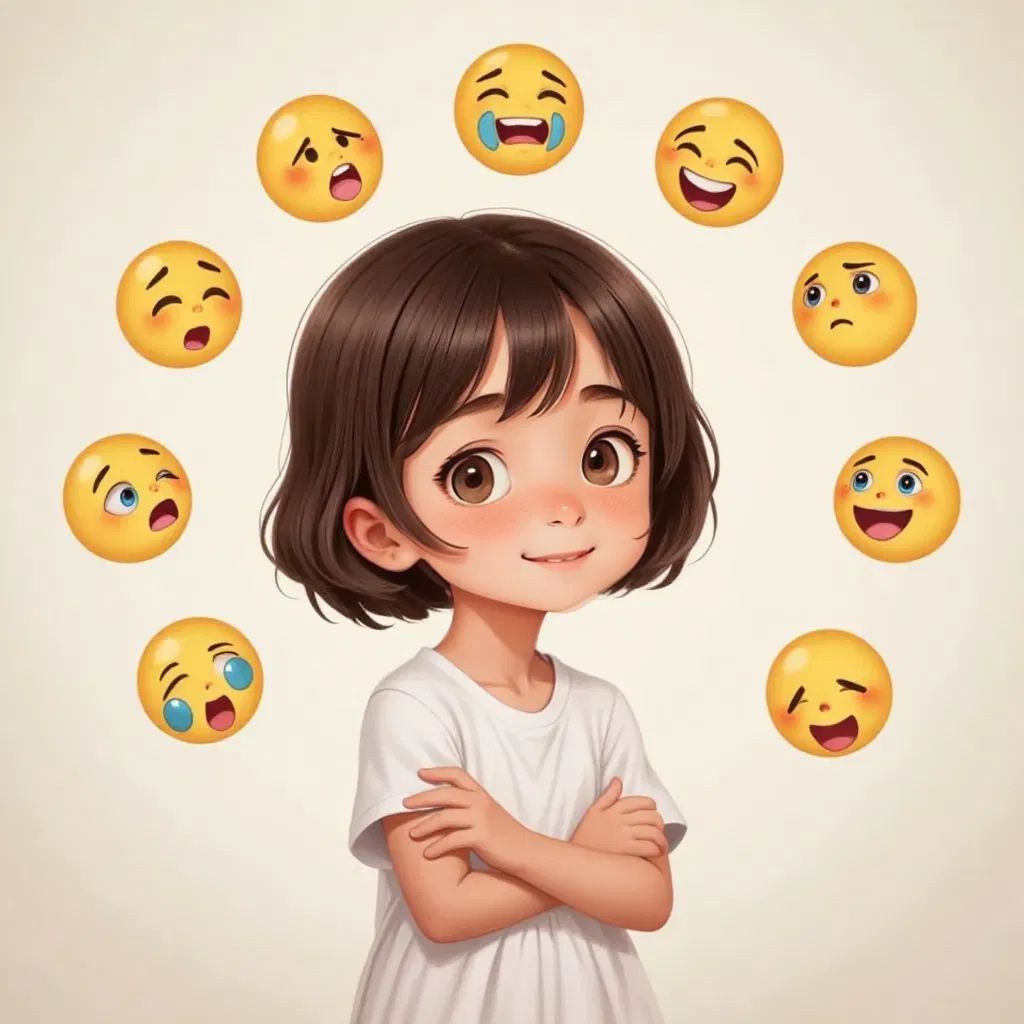 Ana with a thoughtful expression, surrounded by happy, sad, and scared face emojis.