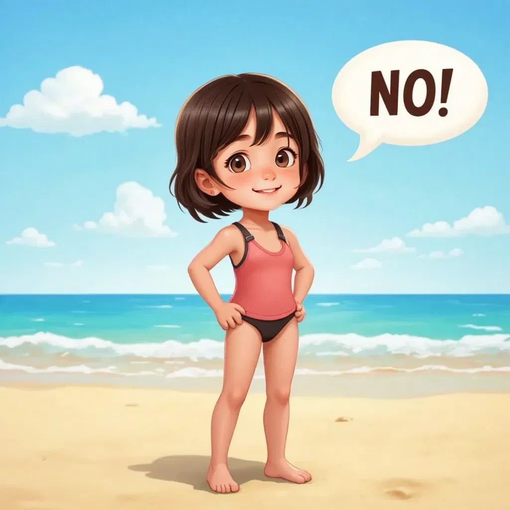 Ana confidently standing with a 'NO!' speech bubble, wearing a swimsuit to represent private areas.