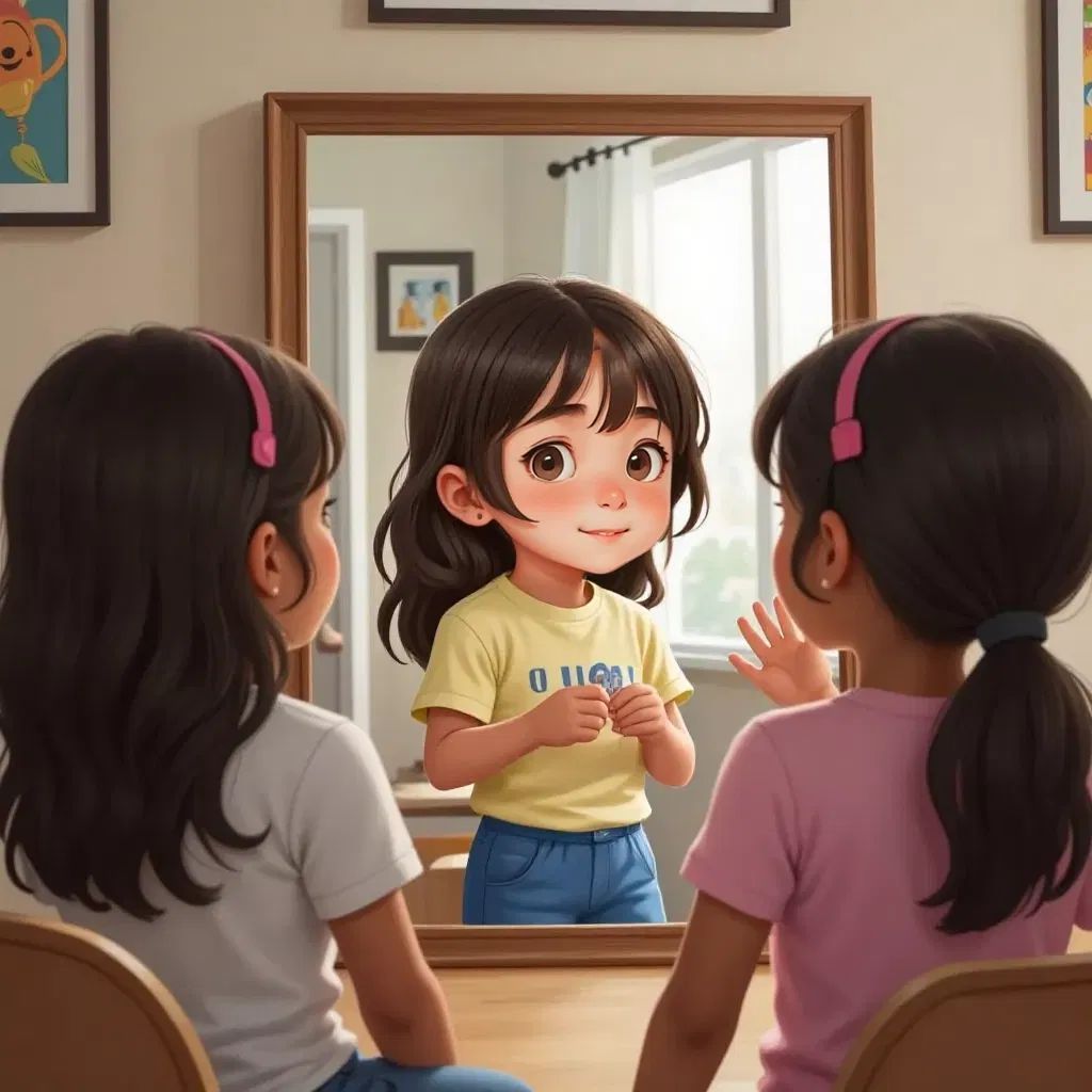Ana practicing saying 'NO!' in front of a mirror, with friends standing by her side.
