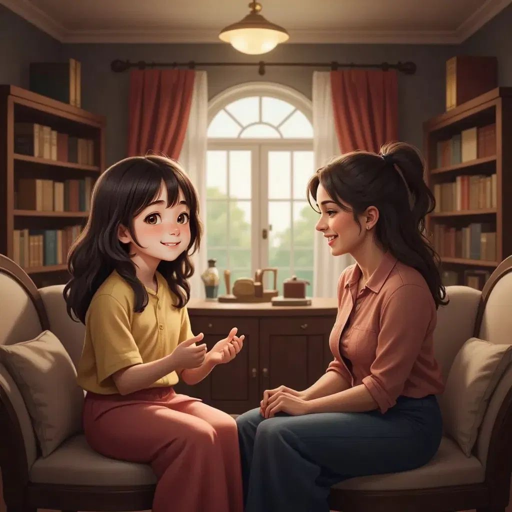 Ana talking to a smiling adult woman, representing a trusted adult, in a cozy living room.
