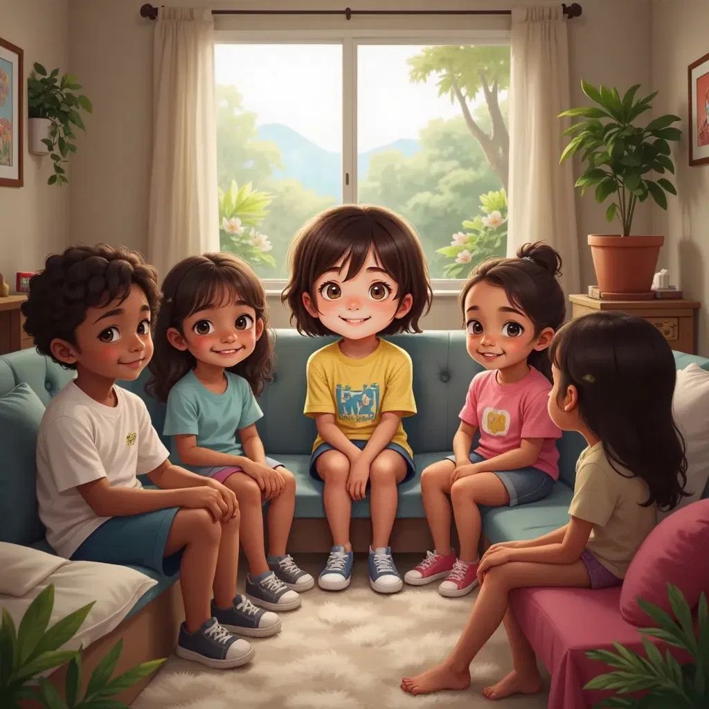 Ana and her friends sitting in a circle, sharing feelings with happy and supportive expressions.