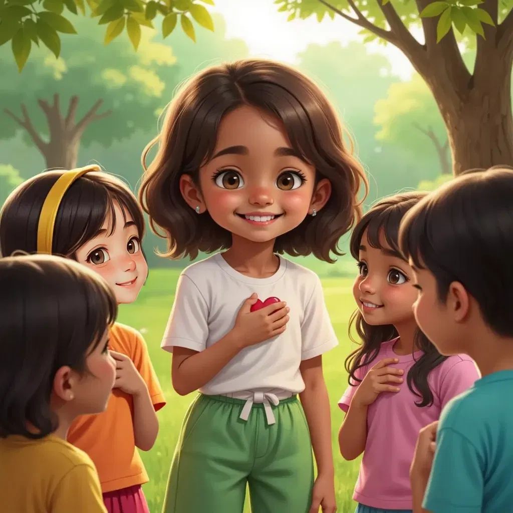 Ana with a hand on her heart, smiling, surrounded by friends also listening to their hearts.