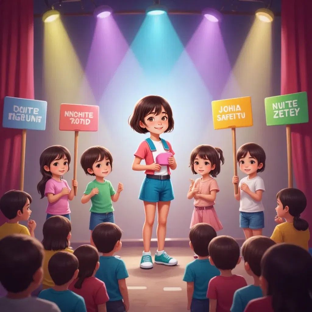 Ana and her friends on a stage, holding props about respect and safety, with an audience watching.