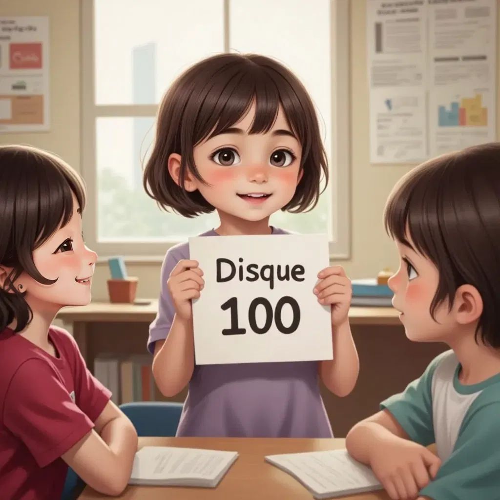 Ana showing a piece of paper with 'Disque 100' written on it, with her friends nodding in understanding.