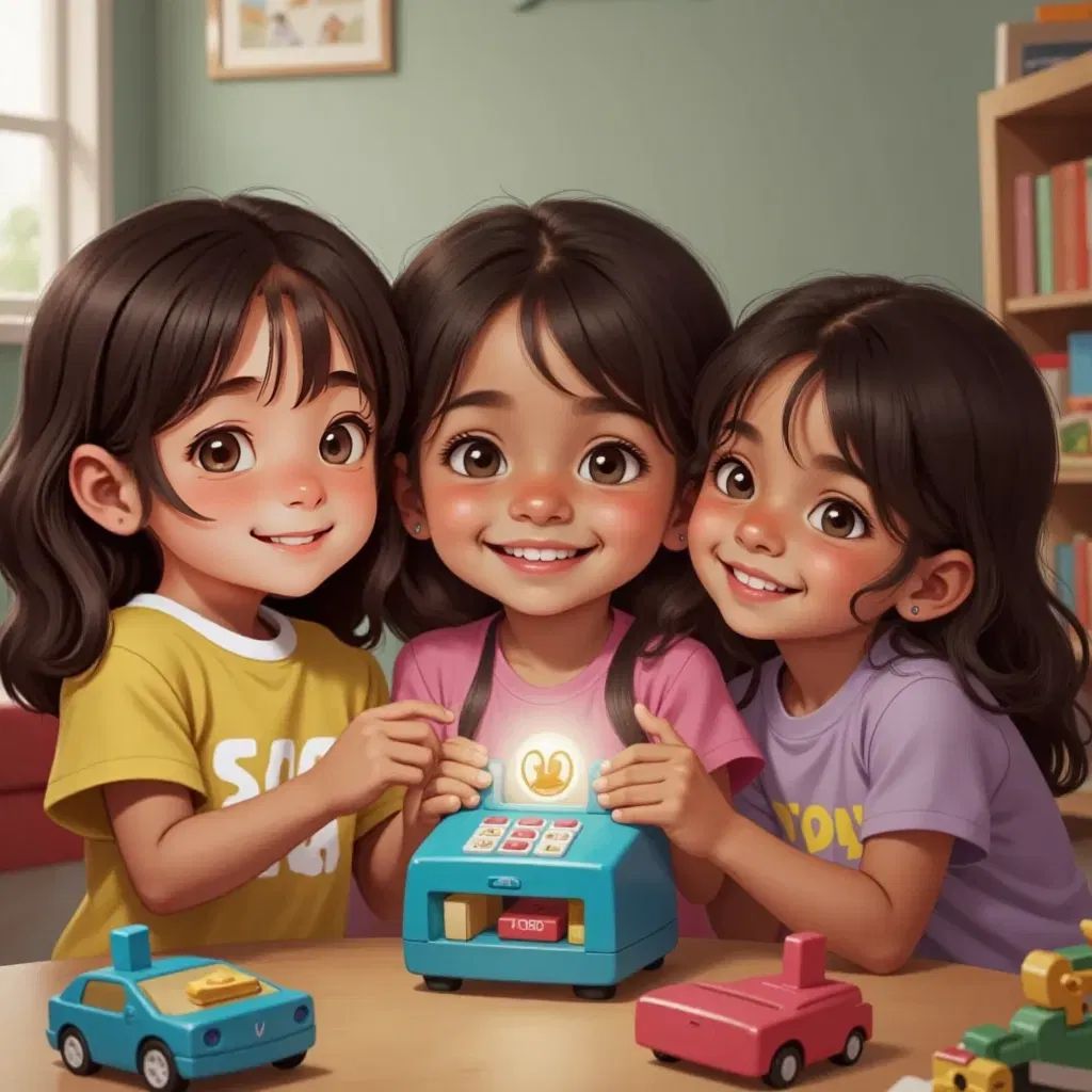 Ana and her friends holding a toy phone, with numbers '190' highlighted, looking reassured.