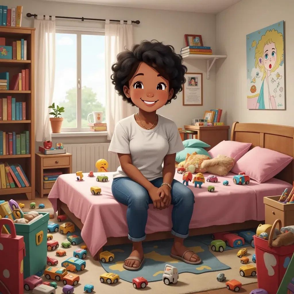 Tejal sitting on her bed, looking thoughtful and excited with a small smile, surrounded by toys in her room.