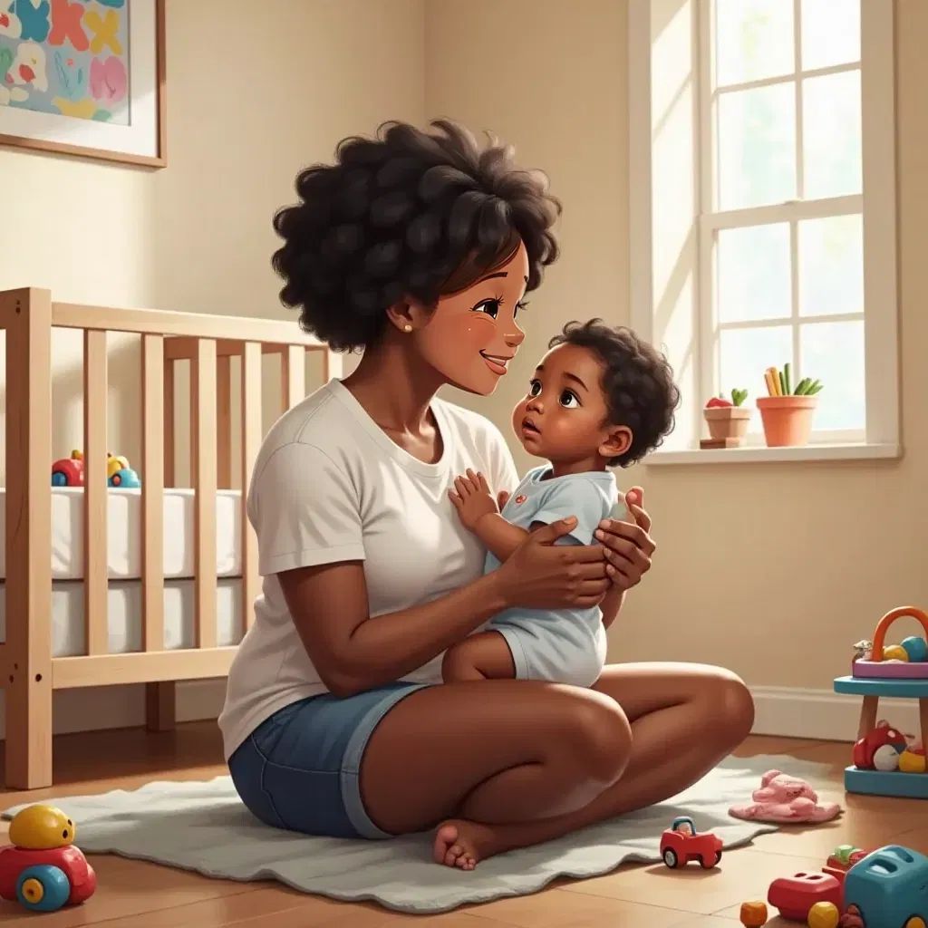 Tejal holding a small baby with a curious look, surrounded by toys and a crib in the background.