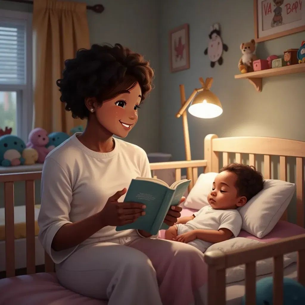 Tejal reading a storybook to a sleeping baby, with a peaceful expression. A nursery room with soft lighting in the background.