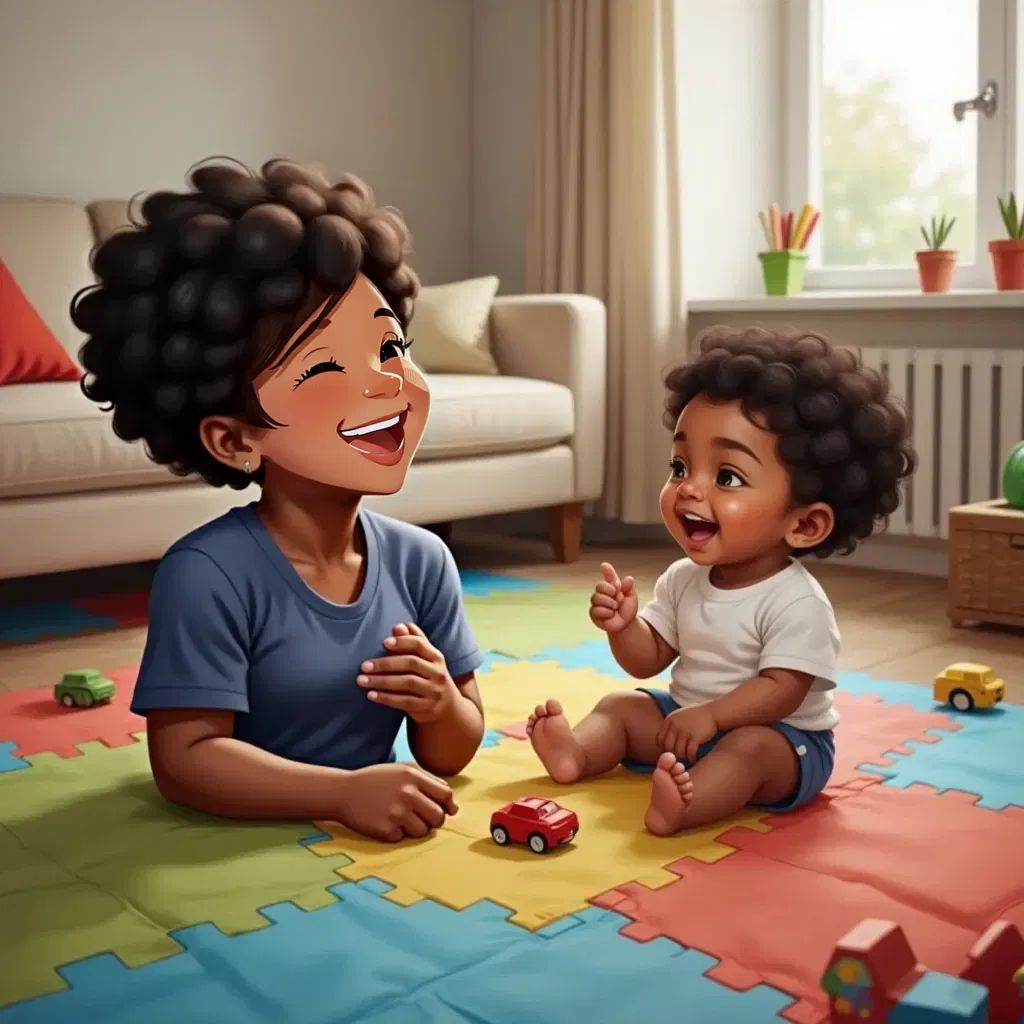 Tejal making silly faces, a baby smiling and laughing. A cozy living room with a colorful play mat in the background.