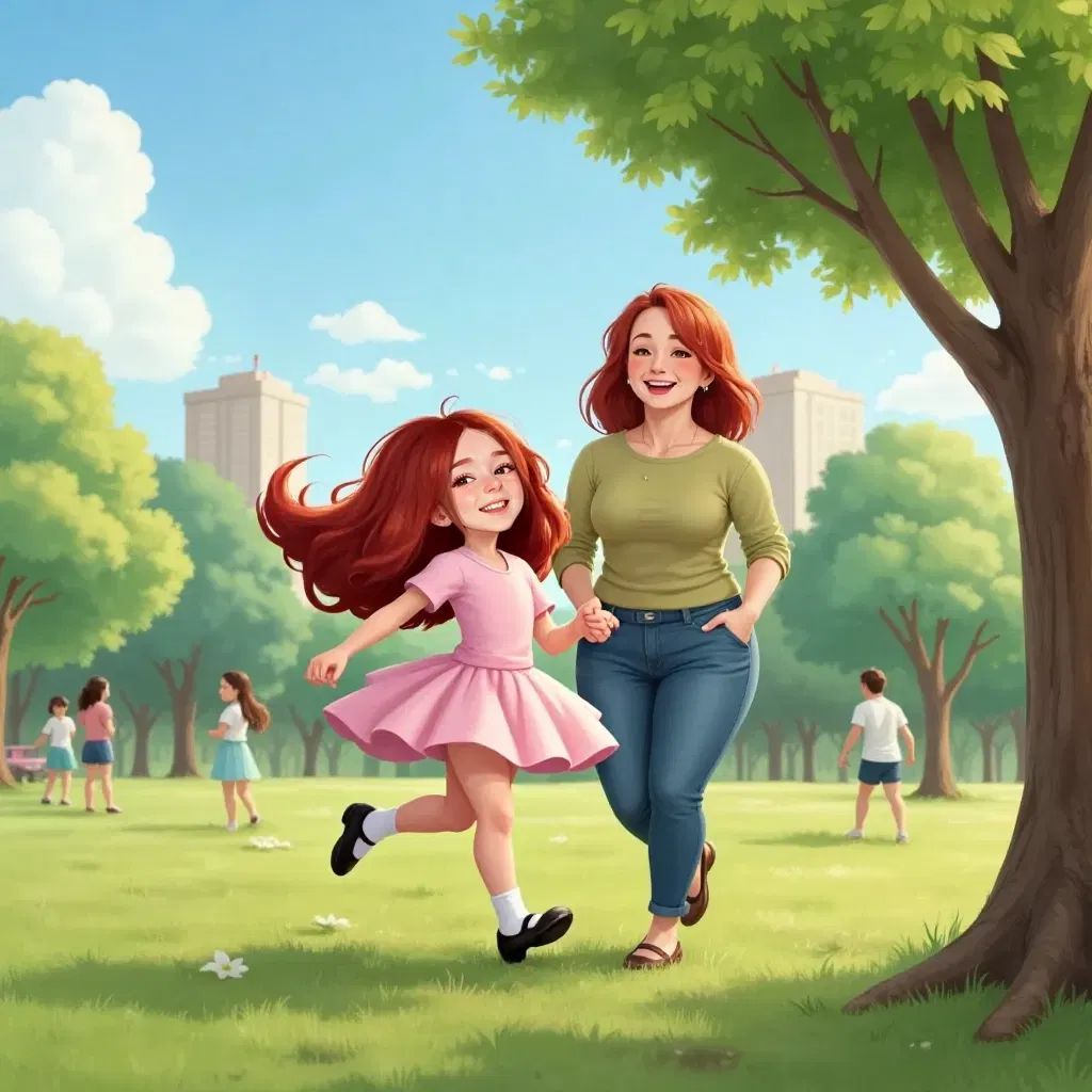 Grace laughing joyfully while running. Her mother beside her with a wide smile.