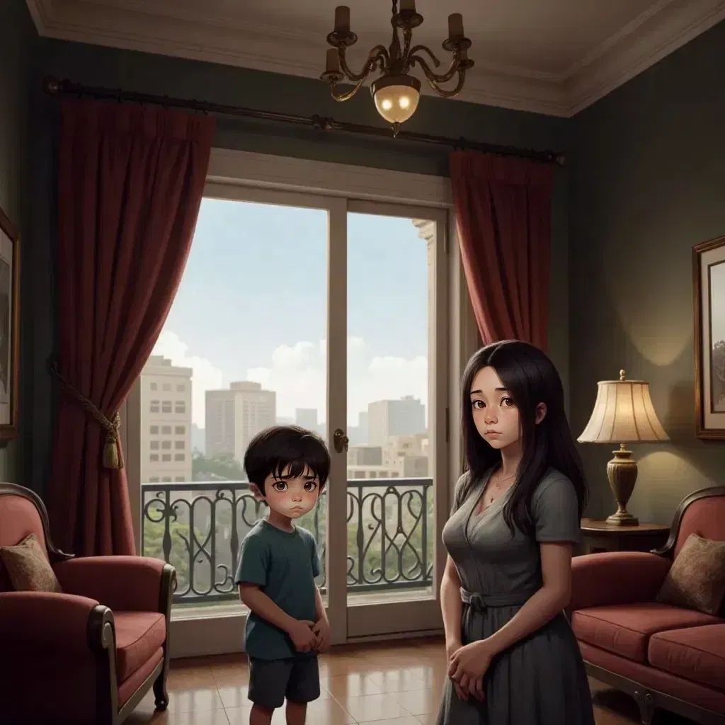 A grand mansion standing tall in the city of Canaima, with Andres looking out a window, a sad expression on his face. Lorena standing nearby with a concerned look.