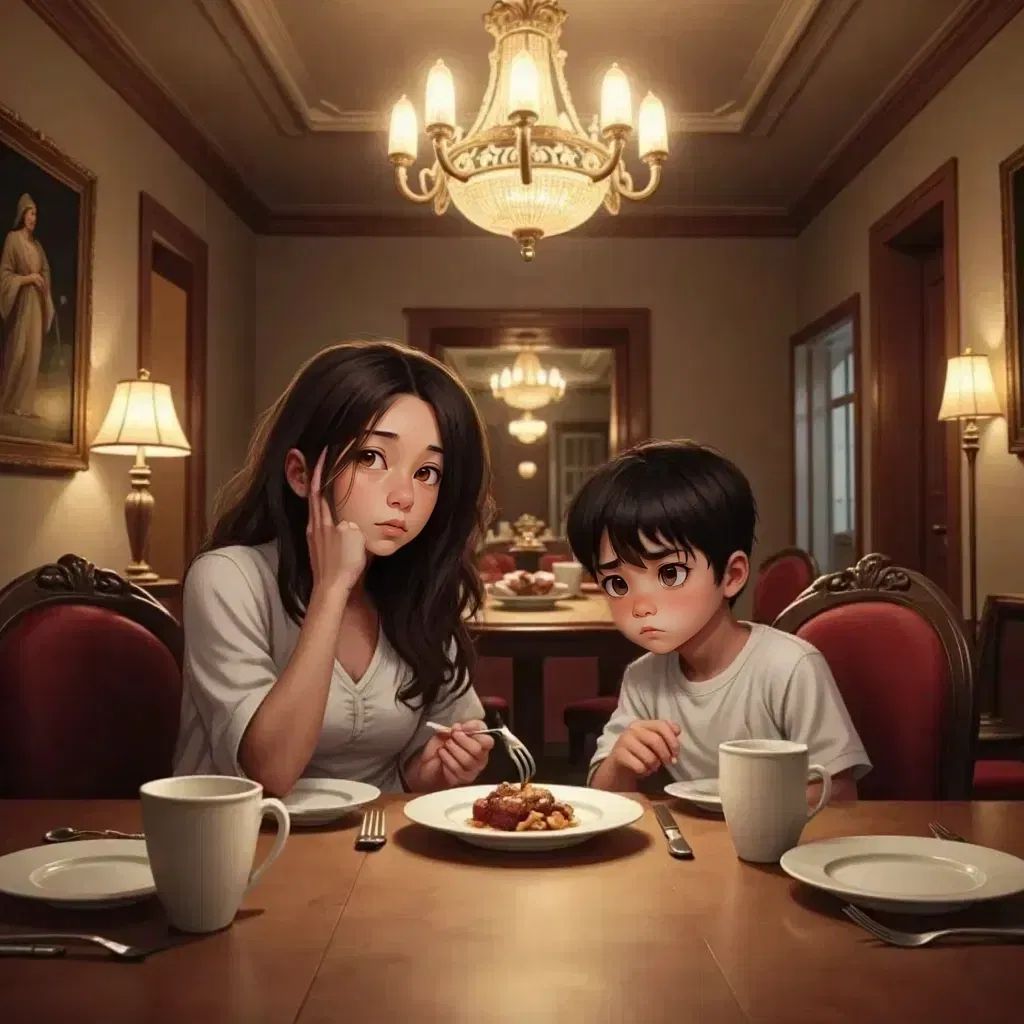 Lorena and Andres eating dinner in the grand dining room and having shocked mixed with worried expressions on their faces