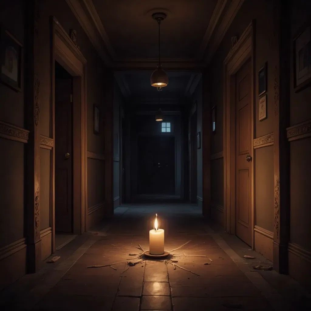 An empty, dark mansion hallway with a dropped candle flickering on the floor. Faint shadows suggesting a vanished hole.