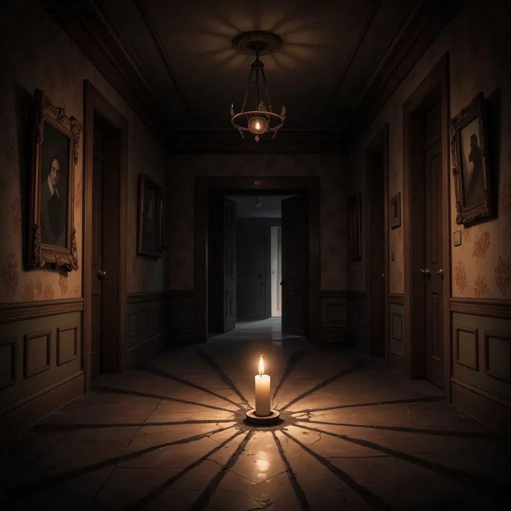 An empty, dark mansion hallway with a dropped candle flickering on the floor. Faint shadows suggesting a vanished hole.