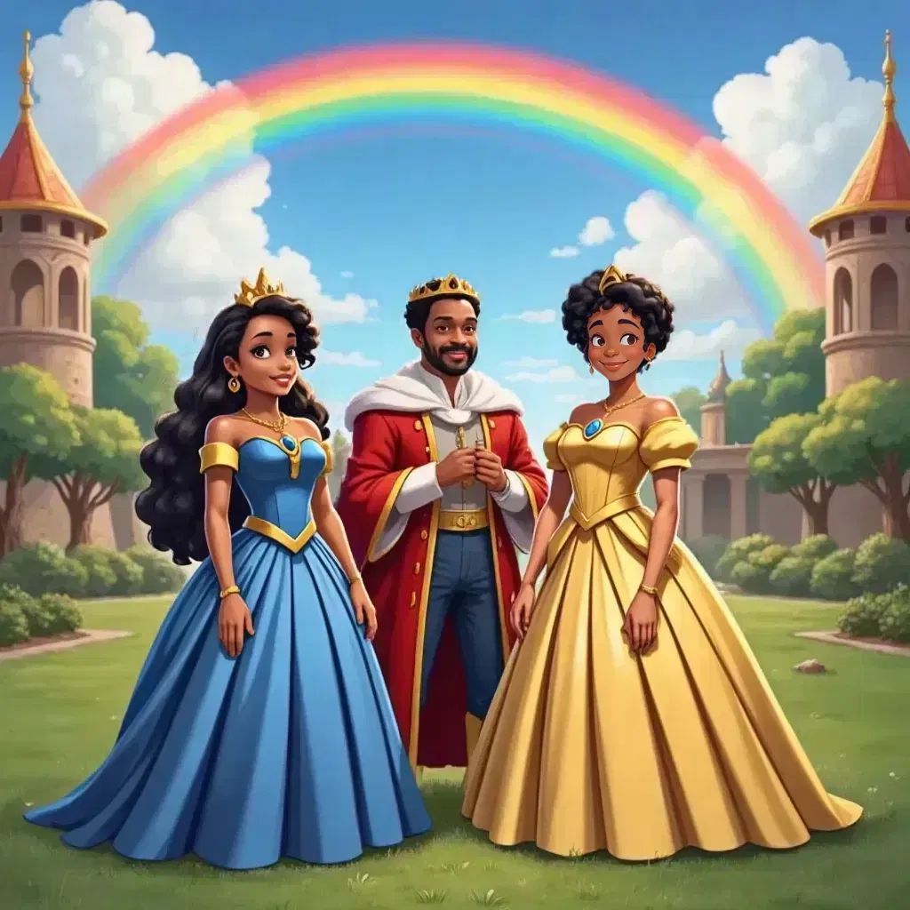 Princess Ellen with long flowing hair and Princess Sara with a gentle smile, standing under a dazzling rainbow in the Kingdom of Chaste. King Augustus and Queen Celestia standing joyfully behind them.