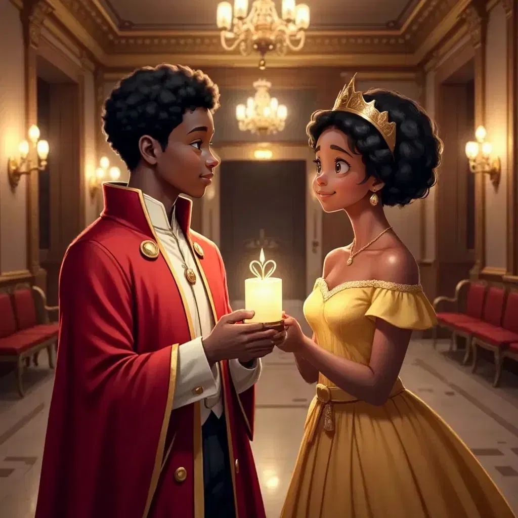 Prince Alister with a charming smile, standing in the grand hall of Chaste. Princess Sara looking hopeful yet uncertain, holding a small glowing gift.