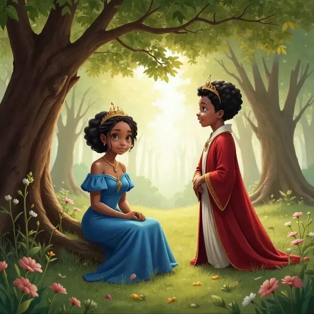 Princess Ellen with a serene expression, sitting under a tree in the whispering woods. Prince Edmund standing nearby, looking at her with admiration.