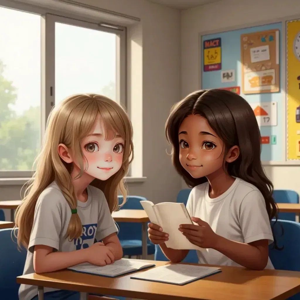 Ruby and Joy sitting next to each other at school, Joy animatedly telling a story, Ruby listening intently