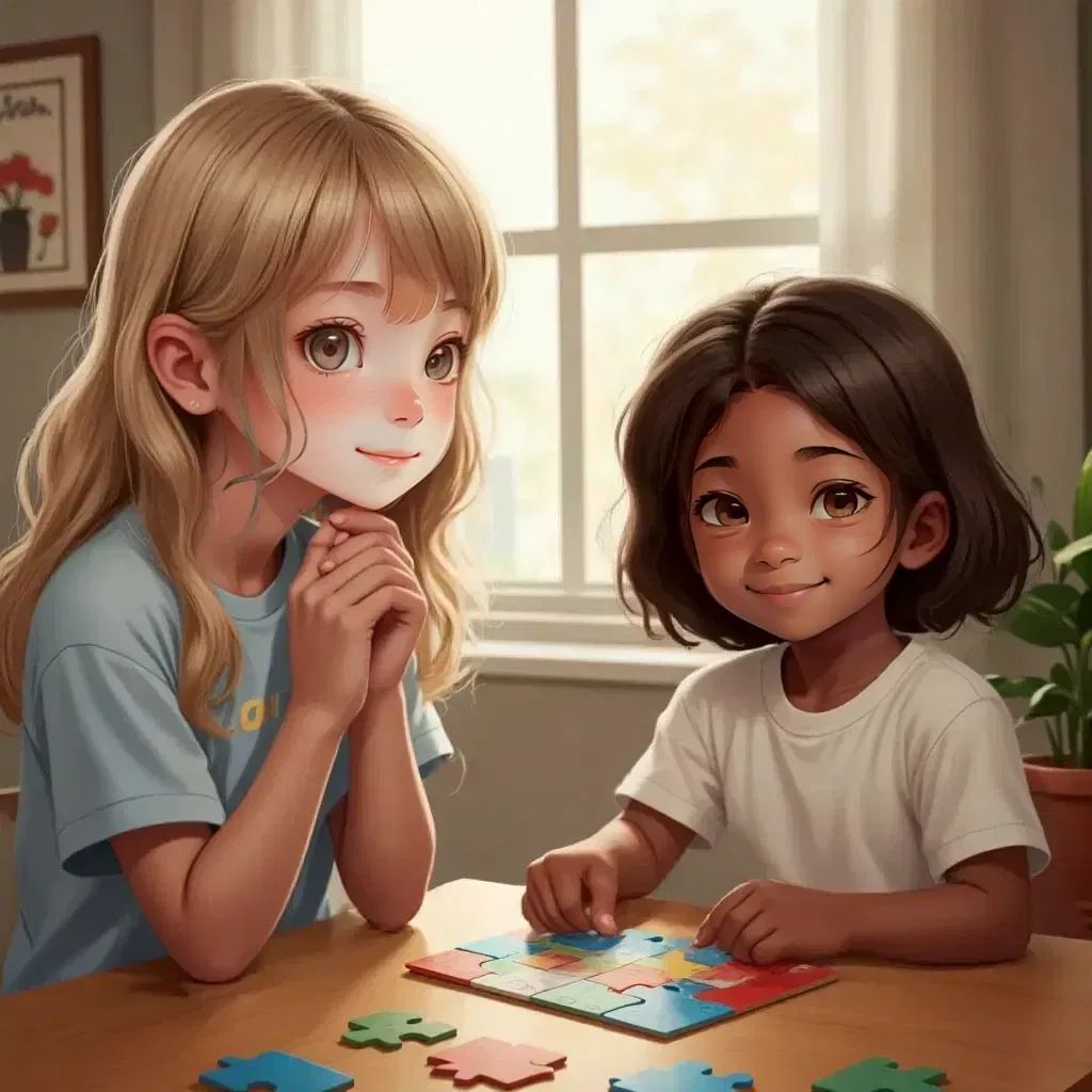 Ruby and Joy sitting indoors, Ruby looking thoughtful, Joy smiling with a puzzle in front of her