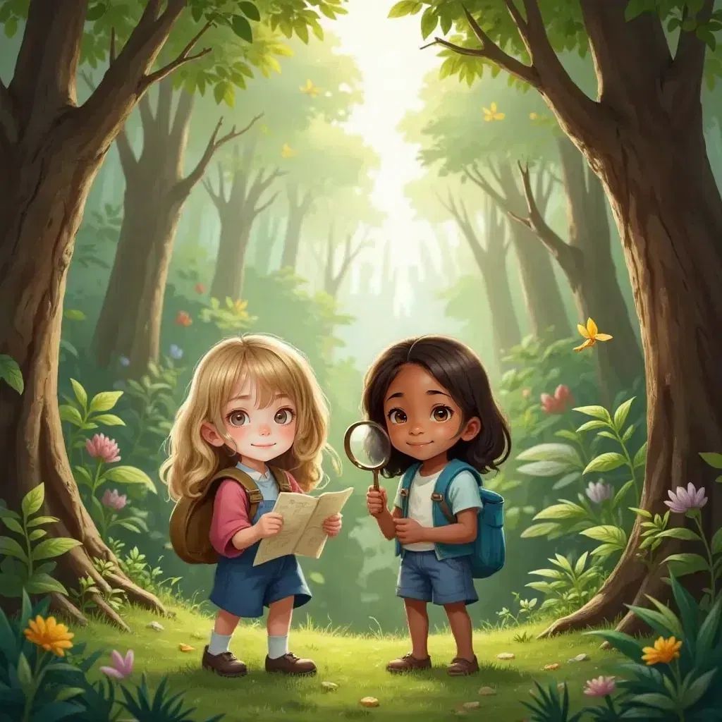 Ruby and Joy walking through a forest, Ruby holding a map, Joy holding a magnifying glass, surrounded by trees and chirping birds