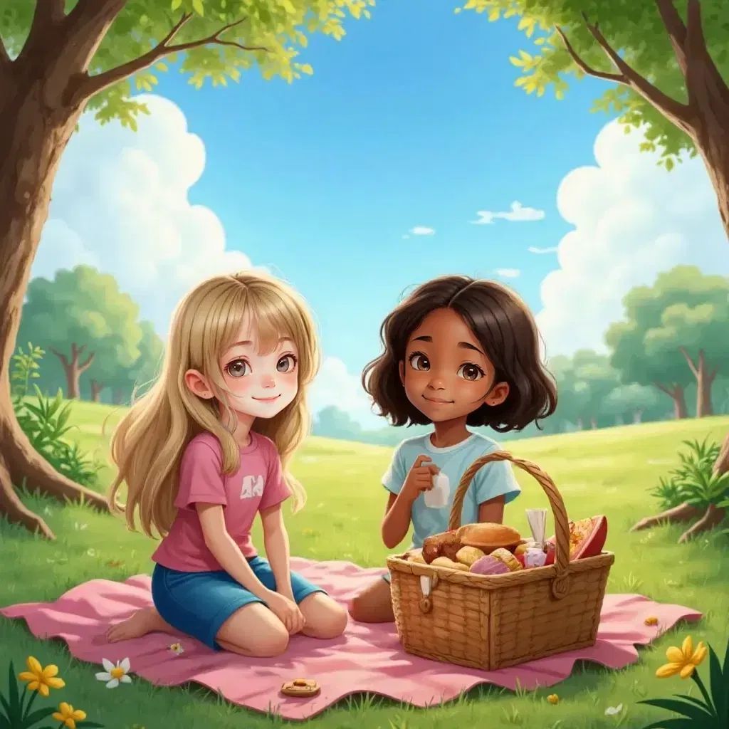 Ruby and Joy having a picnic under a blue sky, both smiling and chatting with a picnic basket and blanket