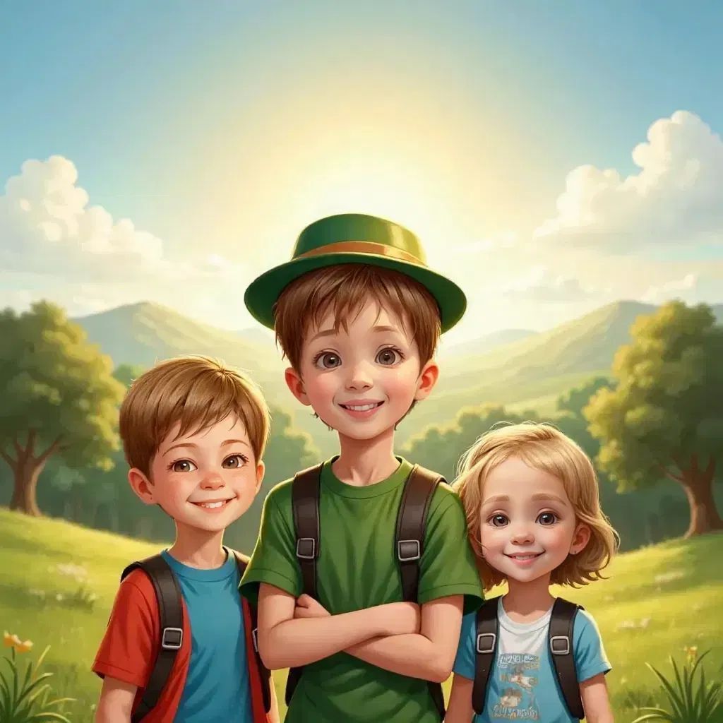 Hayden wearing a green hat, standing with James and Ellie, all smiling and ready for an adventure. A bright morning sky in the background.