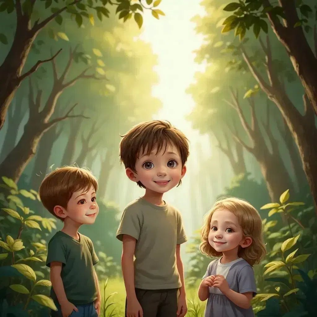 Hayden looking up at sunlit patterns through the leaves, with James and Ellie beside him. The forest canopy creating magical patterns.