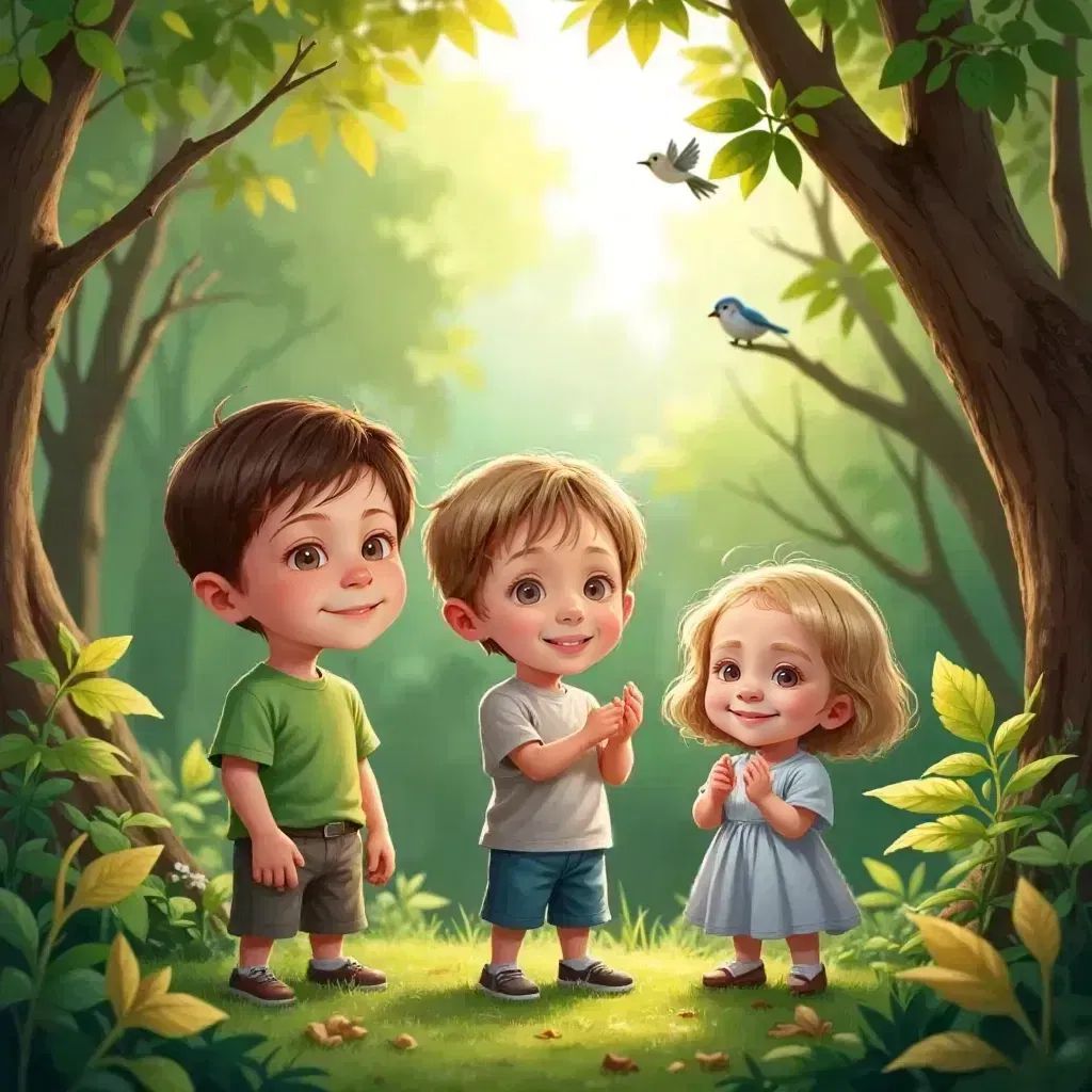 Hayden, James, and Ellie in a lush forest. Hayden looking thoughtful, James smiling, and Ellie clapping her hands. Birds and leaves visible around them.